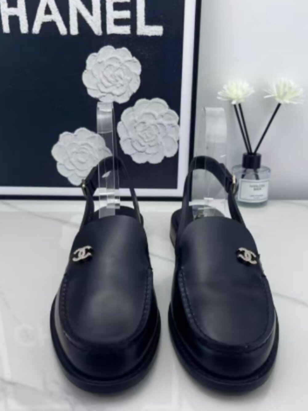 Chanel CC Slingback Loafers Black Leather Size 39 (US 9)